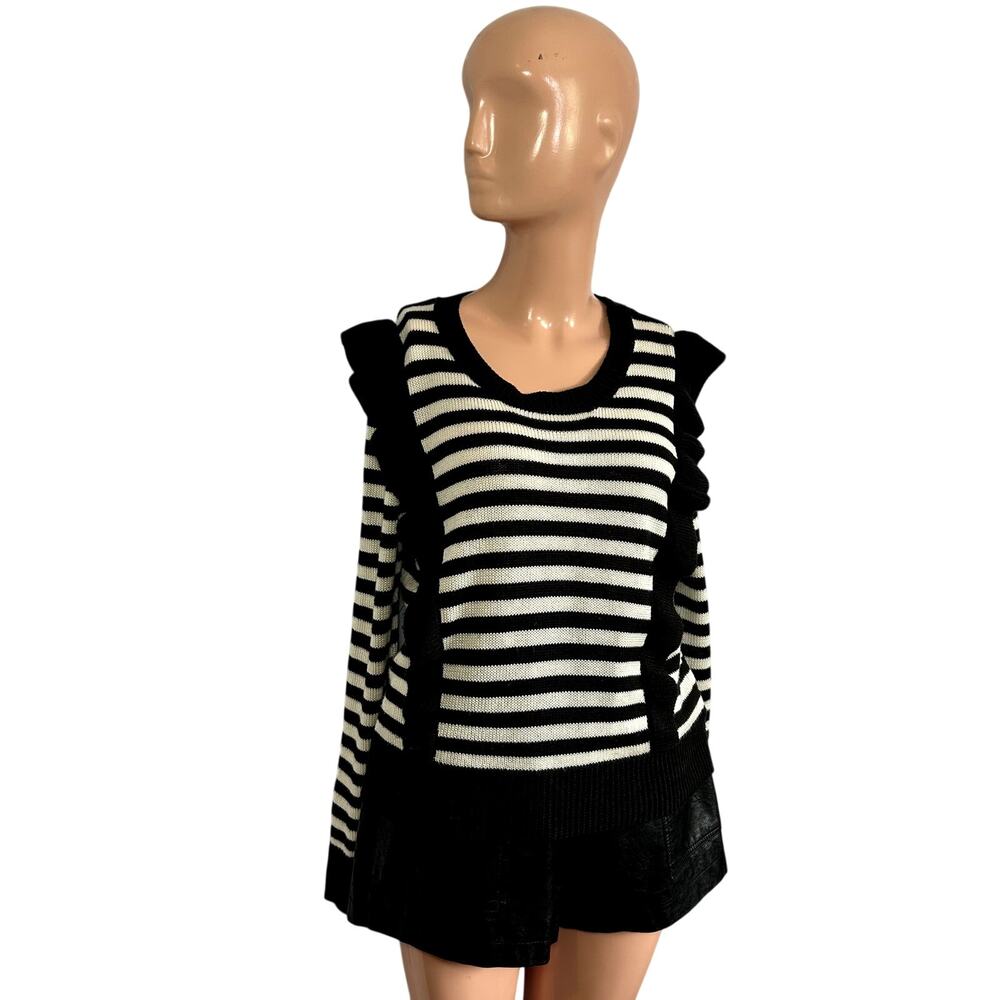 Jack by BB Dakota Black White Striped M Knit Sweater Preppy Ruffle Trim Coquette